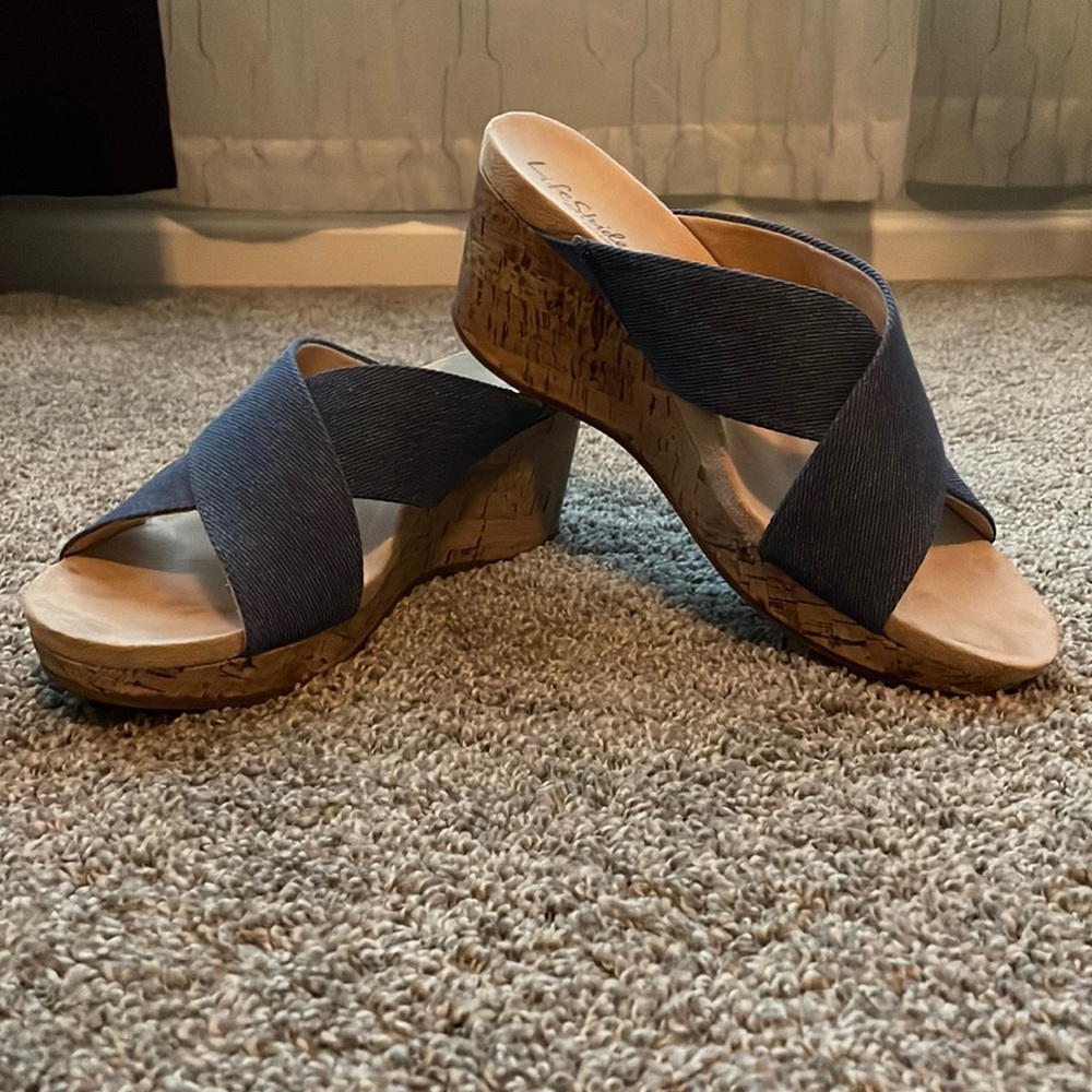 Barely worn cork wedge with denim straps